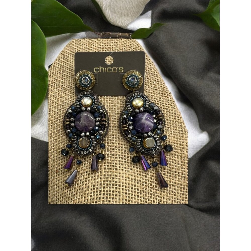 Chicos Ursala Chandelier Dangle Earrings Beaded Post 3.5" Drop NEW on Card